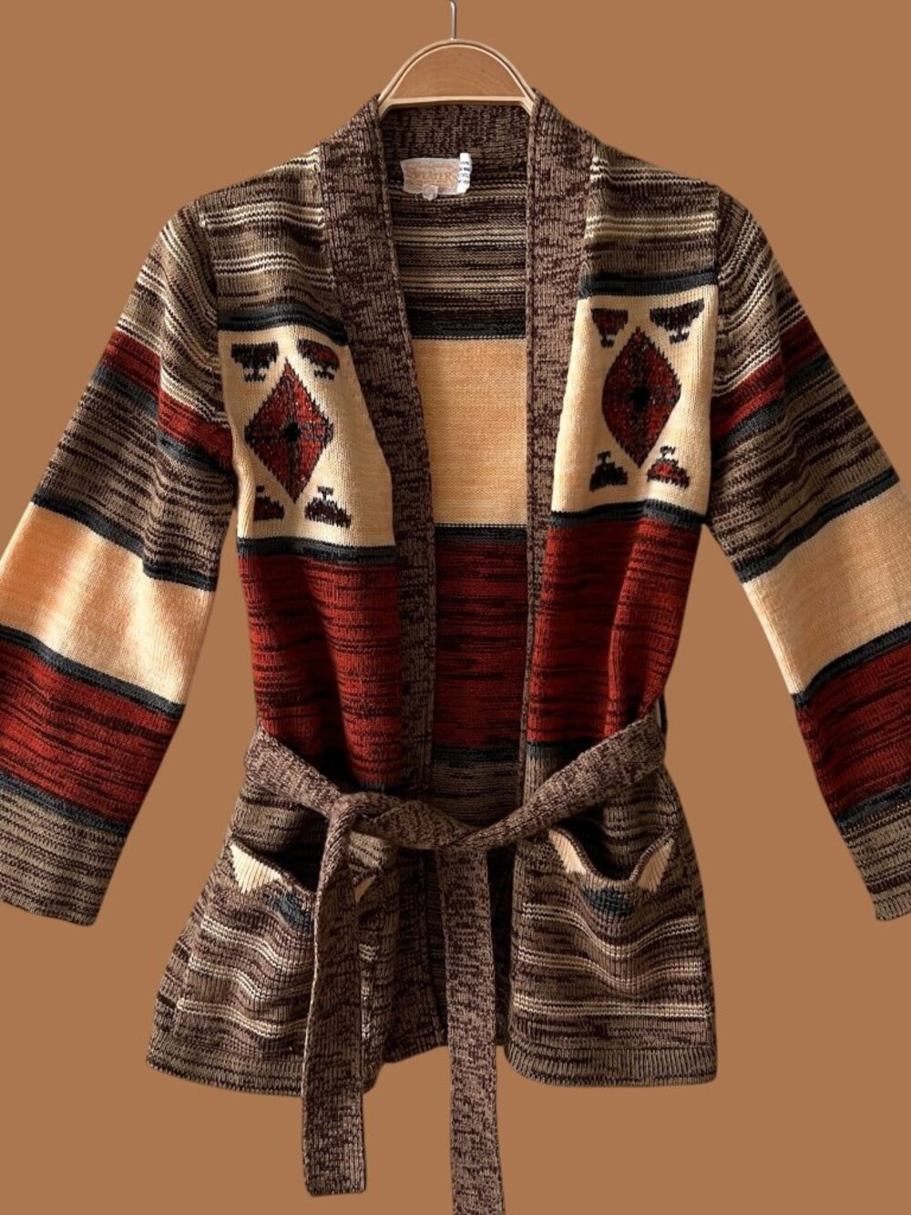 Vintage 70s Aztec Open Cardigan with Bell Sleeves and Pockets